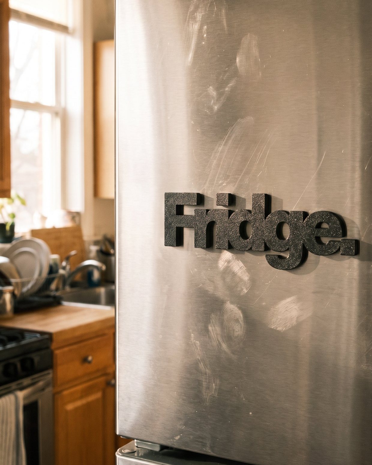 The Fridge. magnet on a stainless steel fridge in a sunny kitchen